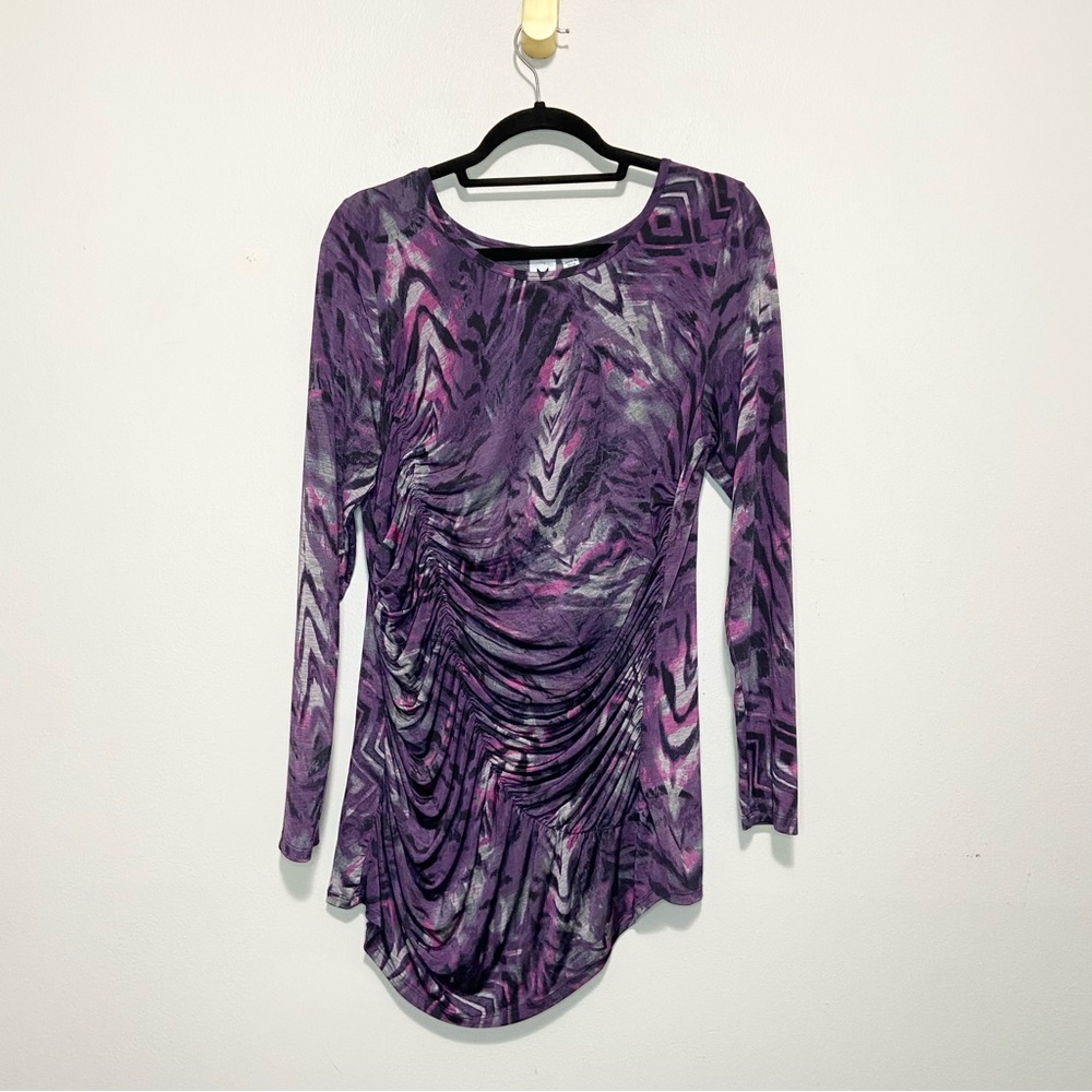 Marc Bouwer Purple Printed Crewneck Long Sleeve Draped Ruched Tunic Top